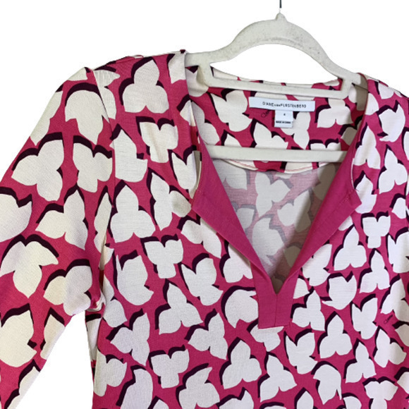 DIANE VON FURSTENBERG Reina Pink & White Silk Solei Geometric Print Dress - Picture 4 of 11